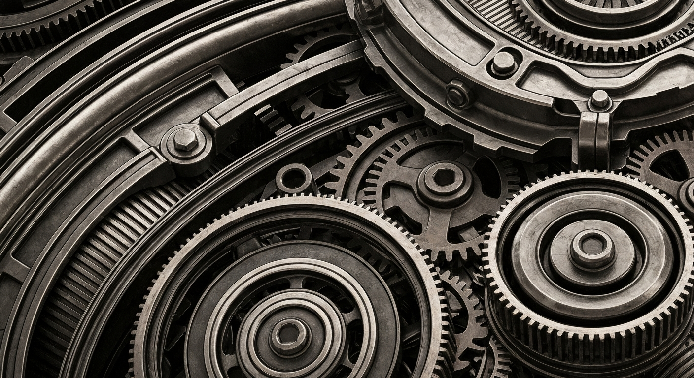 A cinematic close-up of heavy, industrial banking equipment and mechanisms in shades of steel, bronze, and black, conceptually representing the complex financial infrastructure of PennyMac's mortgage servicing business.