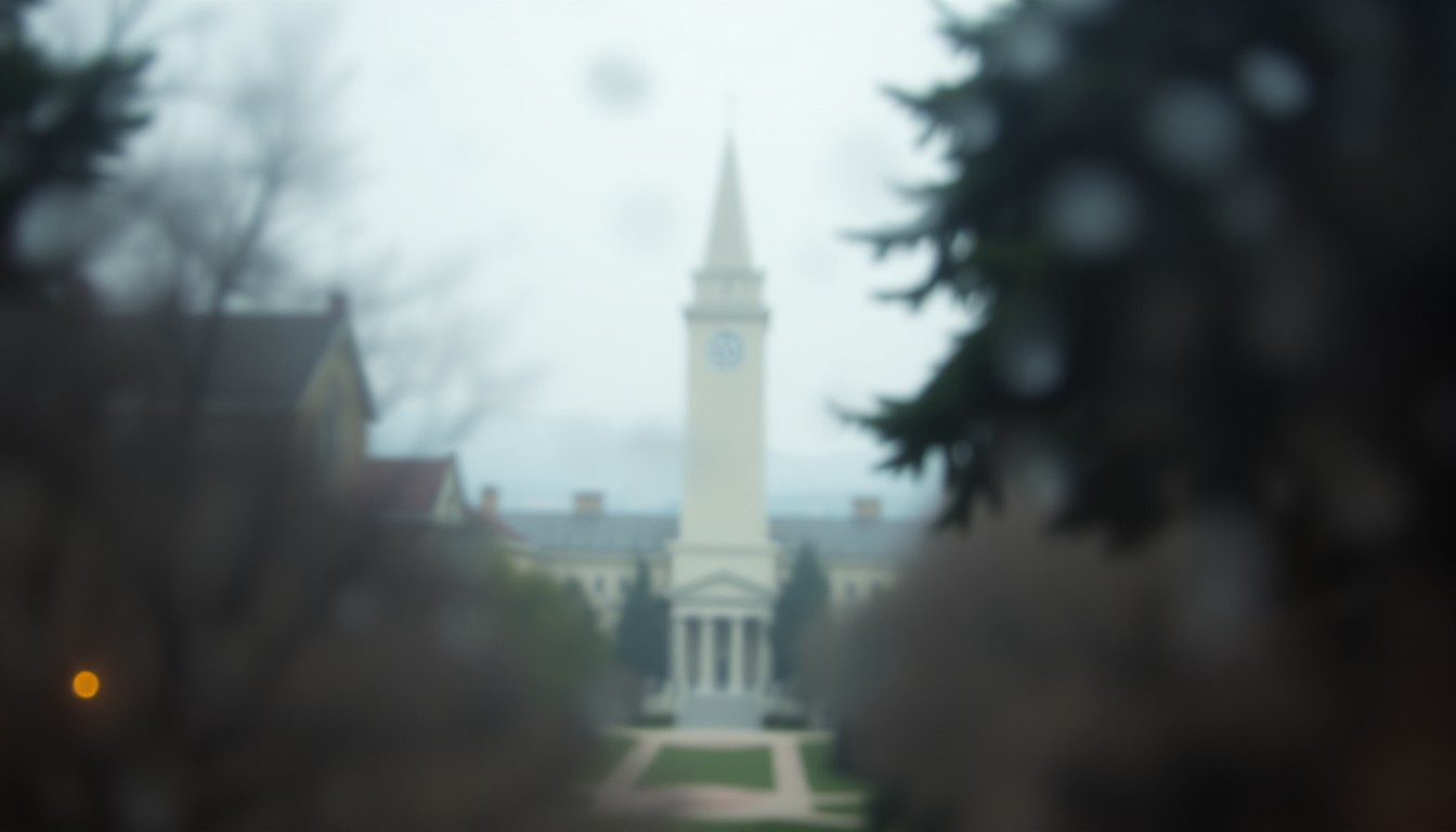 An abstract, impressionistic photograph of the UC Berkeley campus, with Sather Tower visible in the background through a hazy, out-of-focus filter, conveying a sense of reverence and solemnity around the discovery of Native American remains on the university grounds.