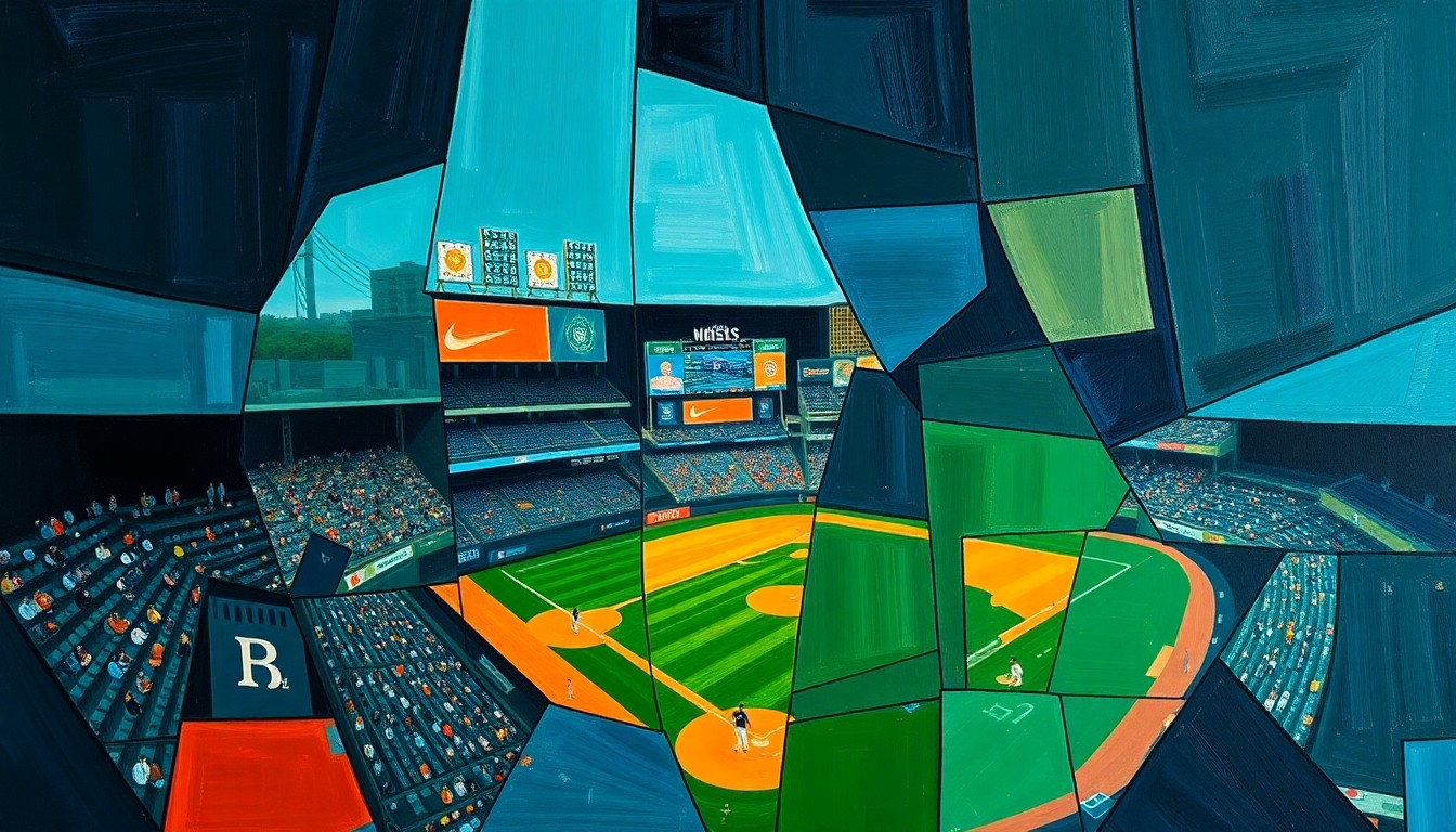 A cubist, geometric painting depicting a fragmented baseball stadium scene with overlapping planes of navy, green, and orange, conveying the complex business dynamics behind a major sports franchise sale.