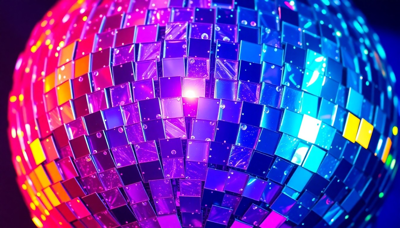 An abstract close-up photograph of shattered disco ball fragments reflecting colorful stage lights, evoking the celebratory atmosphere of a B-52s concert.