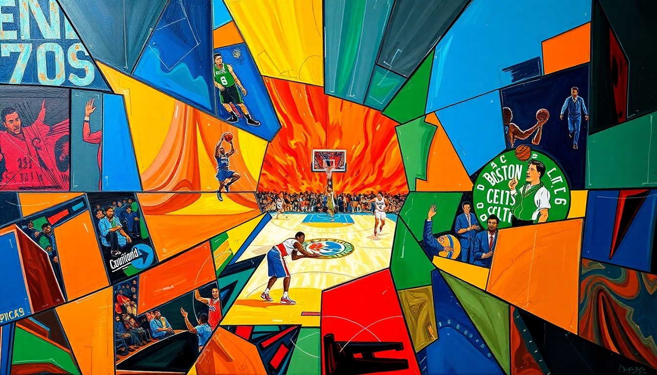 A dynamic, cubist-style painting depicting the action and energy of a heated basketball playoff game between the Philadelphia 76ers and Boston Celtics, with overlapping geometric shapes and planes in a vibrant color palette.