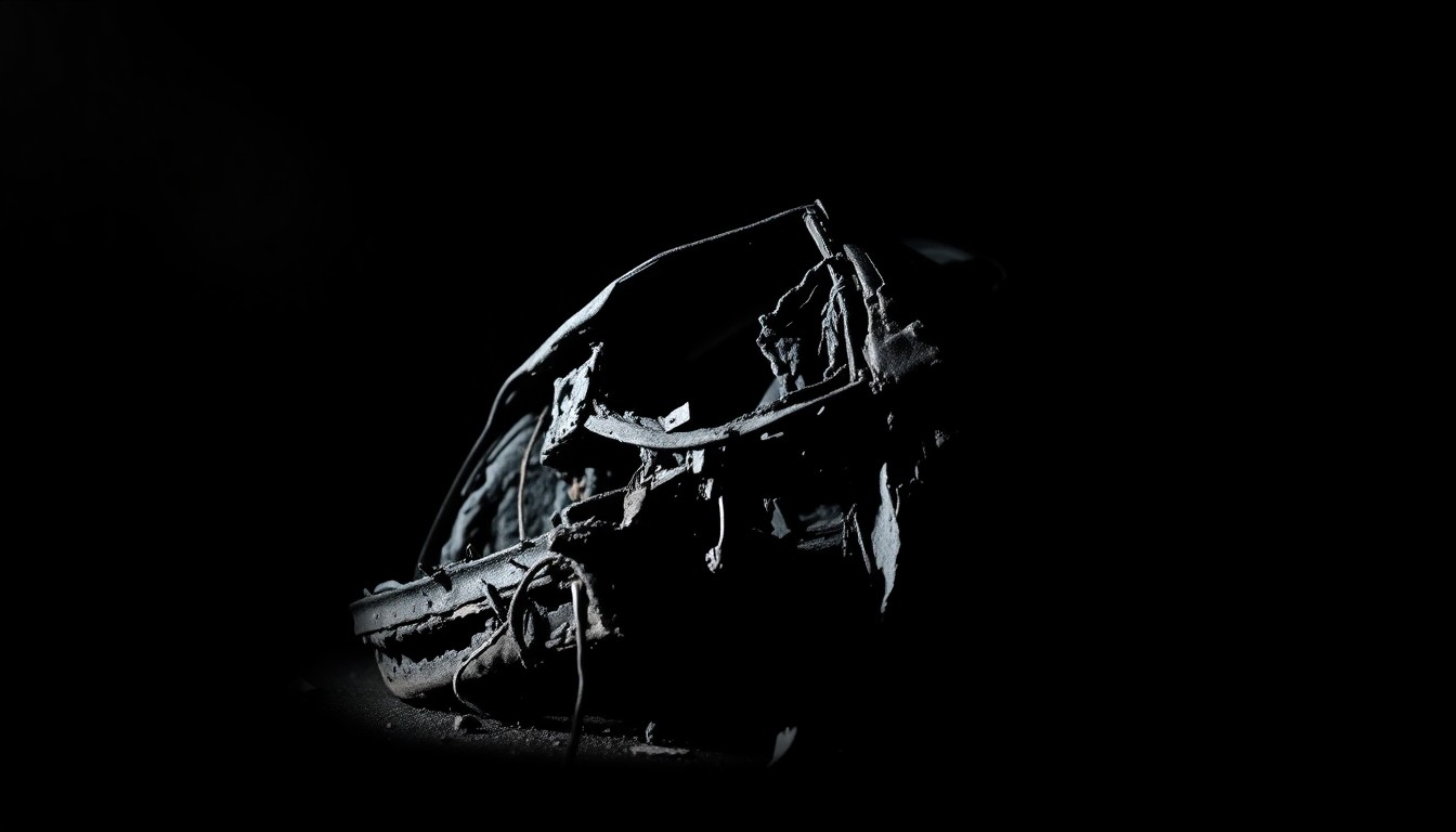 An extreme close-up of a twisted, charred car part from the crash site, conveying the gritty, investigative nature of the incident through dramatic lighting and stark composition.