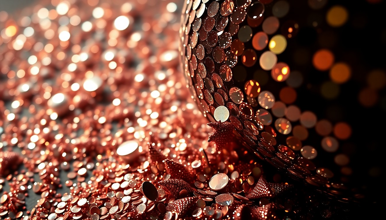 An abstract close-up image of shimmering sequins and glittering disco ball fragments, captured in dramatic high-contrast studio lighting to convey the glamorous atmosphere of LACMA's opening celebration.