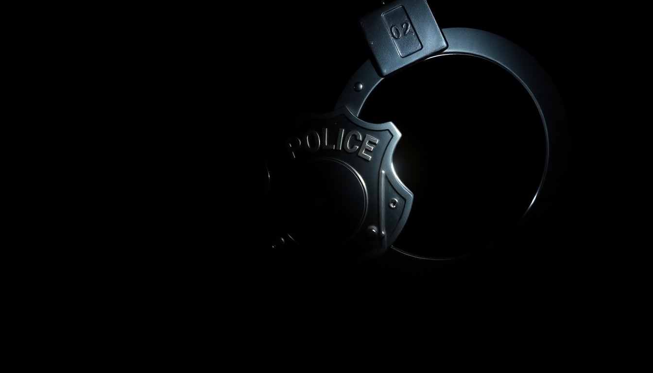 An extreme close-up photograph of a police badge or handcuffs lit by a harsh, direct camera flash against a pitch-black background, conceptually illustrating the gritty, investigative nature of the defamation lawsuit.
