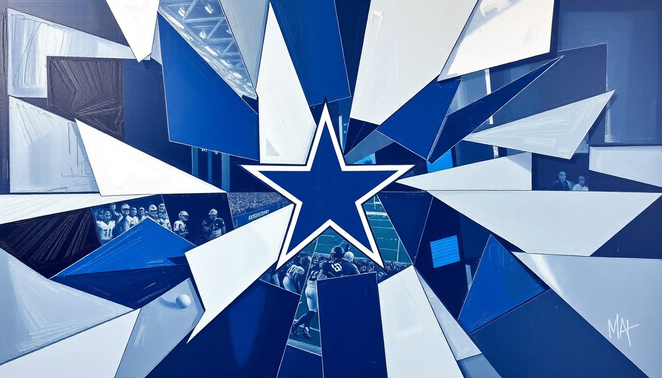A cubist, geometric painting depicting a Dallas Cowboys football game, with sharp, overlapping shapes in navy blue, silver, and white representing the action on the field.