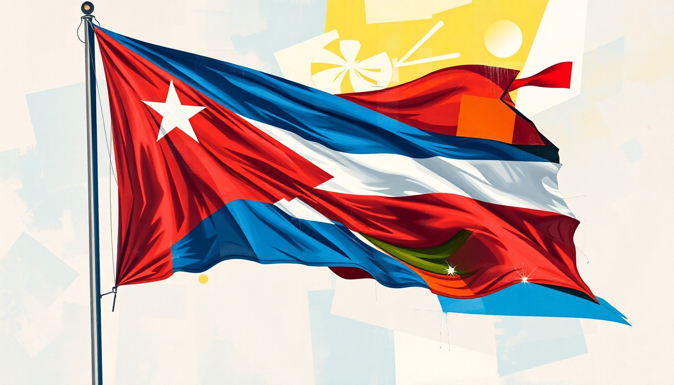 A dynamic, fractured painting of a Cuban flag waving in the wind, with overlapping geometric shapes and vibrant colors, conceptually representing the ongoing political turmoil and calls for reform in Cuba.