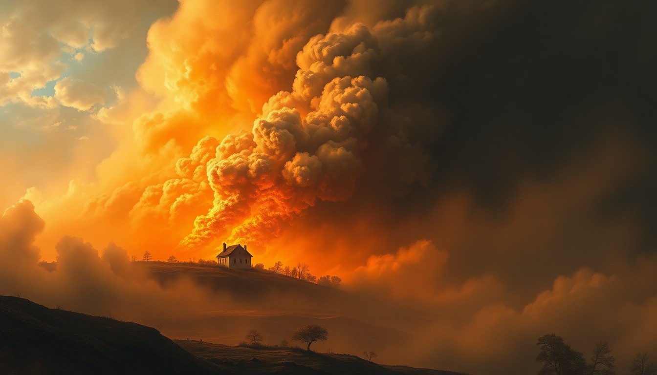 A sweeping, atmospheric landscape painting in muted tones of gray, blue, and orange, depicting a distant house fire engulfed in billowing smoke and flames, dwarfed by the vast, natural surroundings.