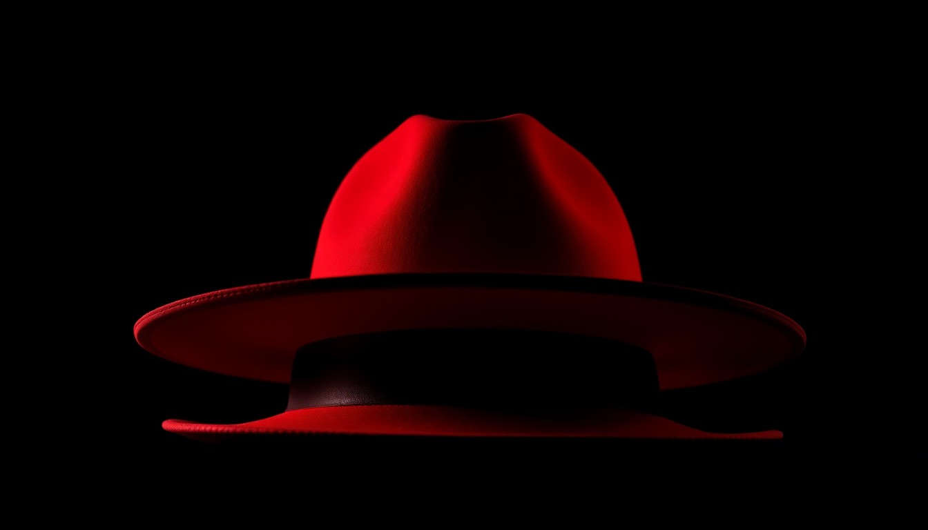 An extreme close-up photograph of a red spinner hat against a pitch-black background, lit by a harsh, direct camera flash, conceptually representing the investigation into a missing person case.