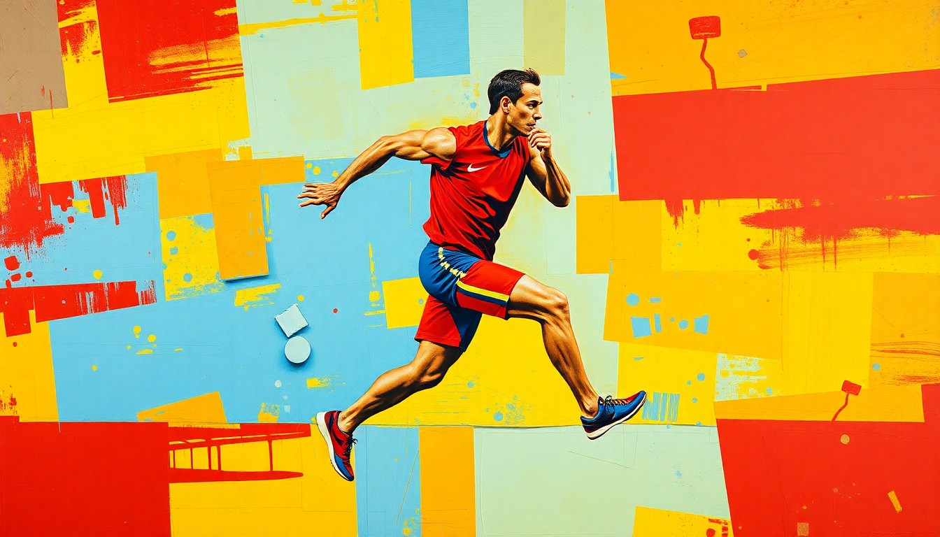 A cubist, geometric painting depicting a runner's motion broken down into overlapping planes of bright red, blue, and yellow colors.