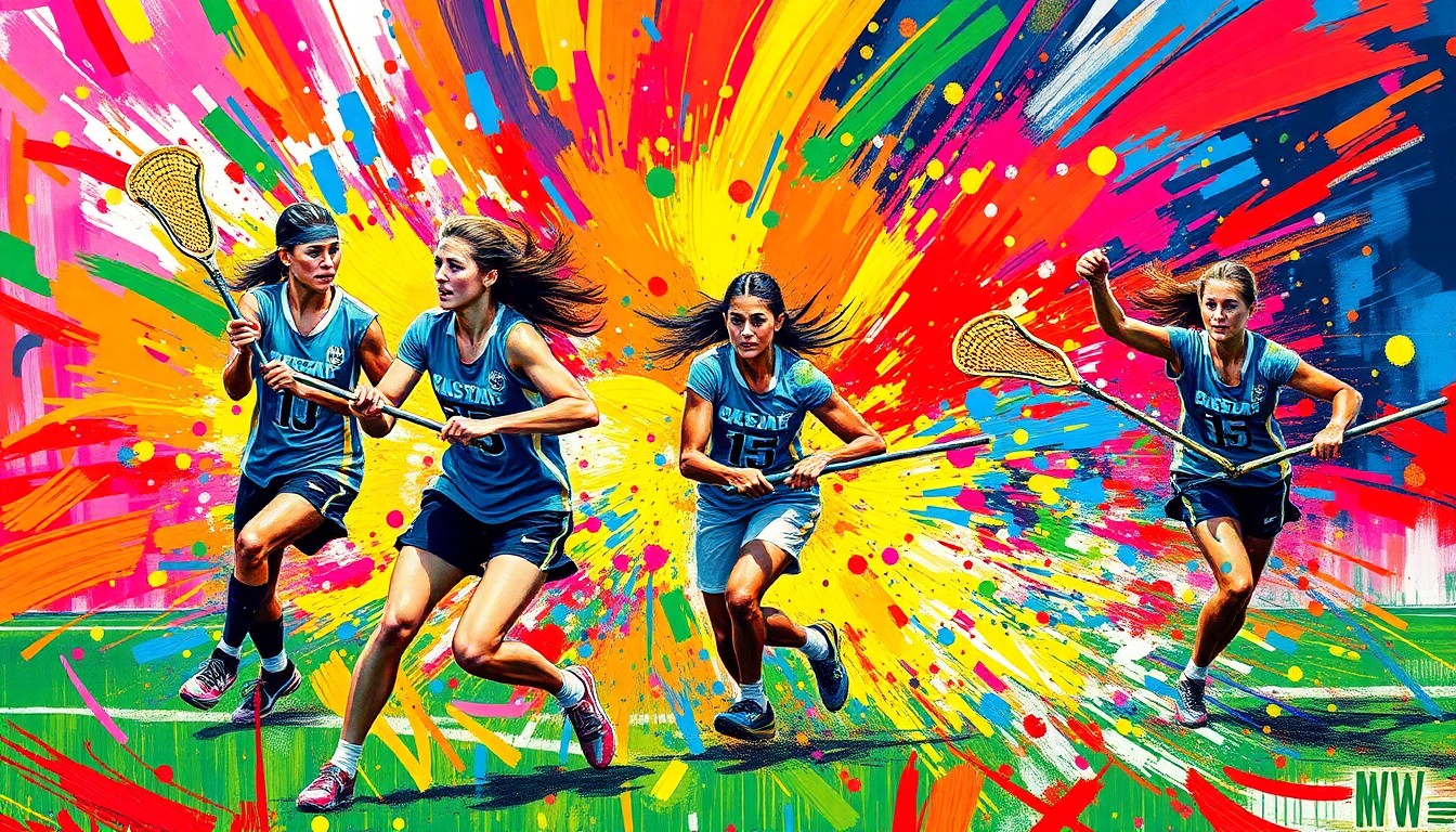 An abstract, energetic painting in neon colors depicting the fast-paced action and movement of a girls lacrosse game, with players' forms blending into the vibrant brushstrokes.