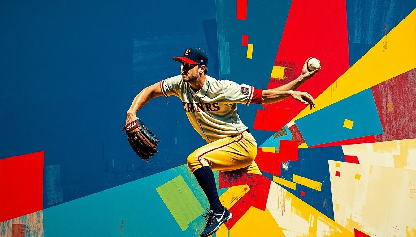 A fragmented, geometric painting depicting a baseball pitcher in mid-motion, with sharp planes of navy, crimson, and gold creating a dynamic, abstract representation of the sport.
