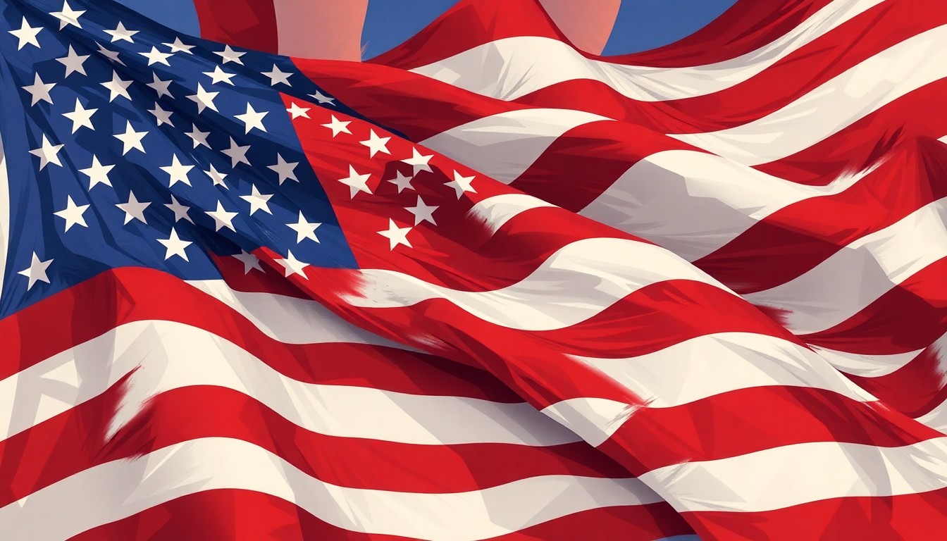 A dynamic, abstract painting of an American flag breaking apart into fragmented, overlapping geometric shapes in red, white, and blue, conveying a sense of political and social upheaval around the issue of birthright citizenship.