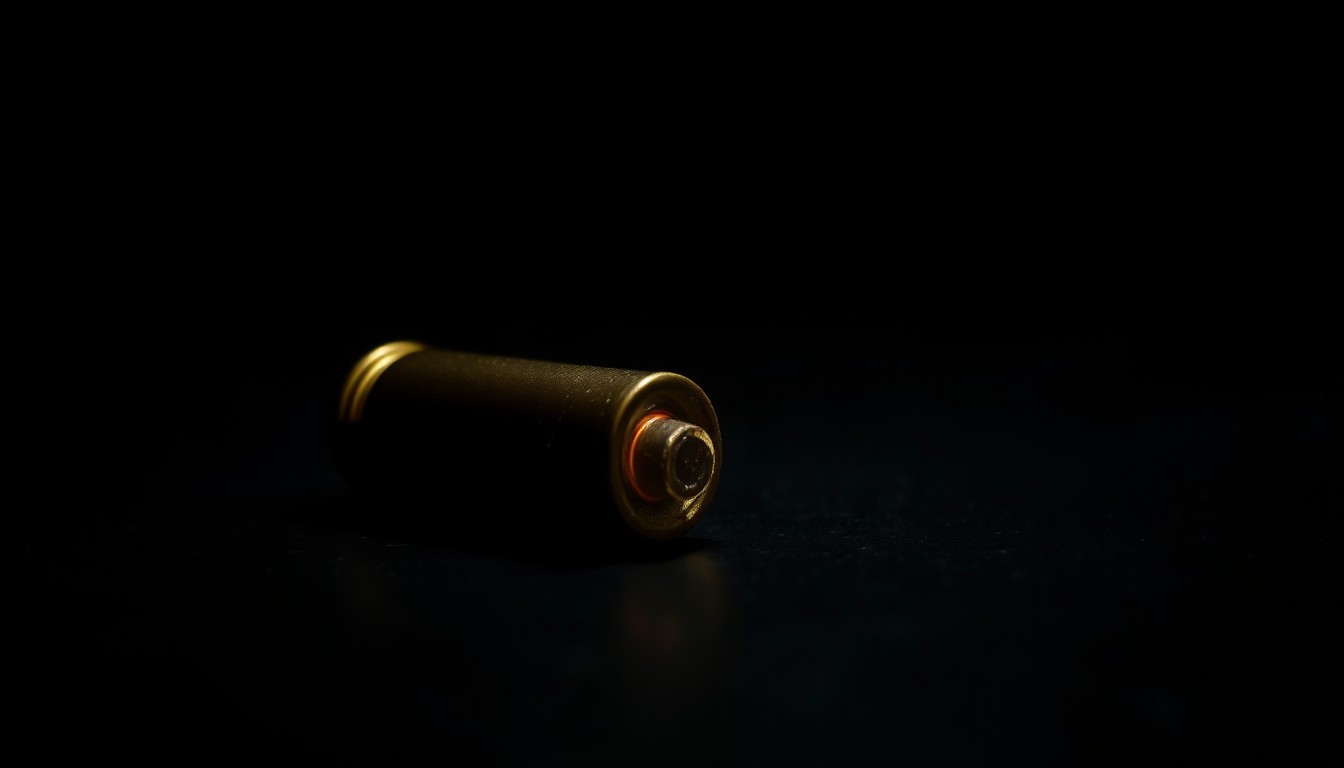 An extreme close-up of a single spent bullet casing on a dark surface, lit by a harsh, direct camera flash, conceptually representing the evidence of a violent crime.