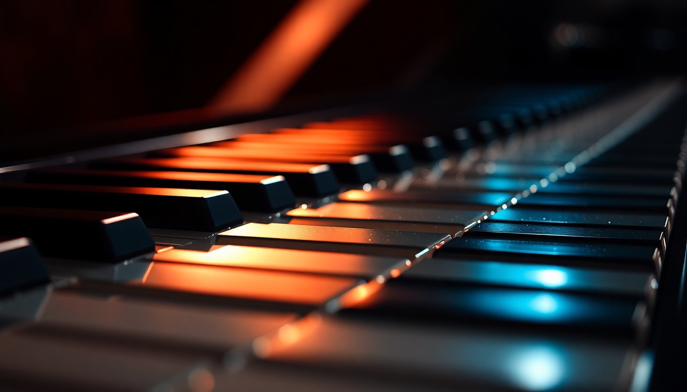 An extreme close-up photograph of a glossy, reflective piano keyboard, with dramatic, high-contrast studio lighting creating a glitzy, high-fashion aesthetic that conceptually represents the virtuosic musicianship and eclectic artistry of Bruce Hornsby's upcoming performance.