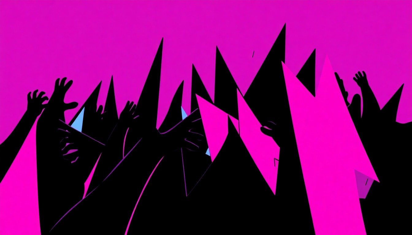 A dynamic, abstract illustration featuring bold, jagged shapes in shades of deep purple, electric blue, and neon pink, conceptually representing the punk-fueled energy and queer themes of Edging's performance.