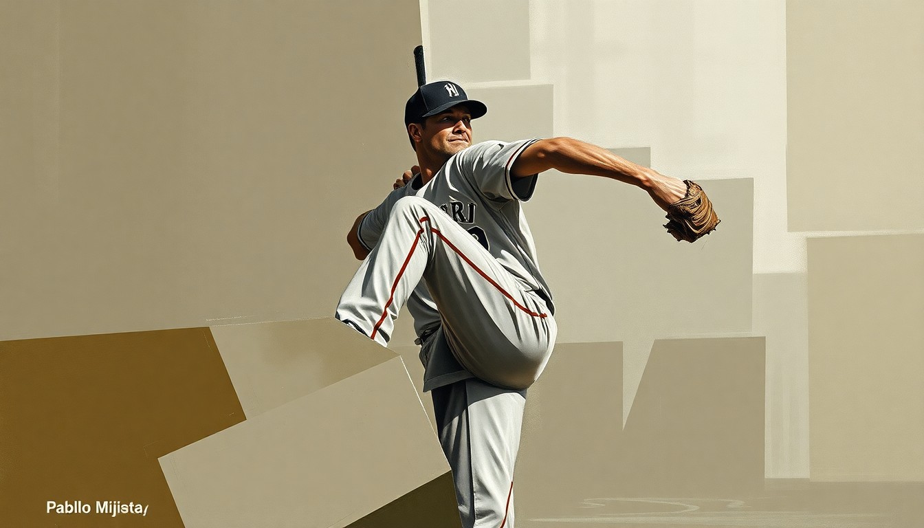 A cubist, geometric painting depicting a baseball pitcher's motion broken down into overlapping planes of muted earth tones, conveying the dynamic energy of the sport.