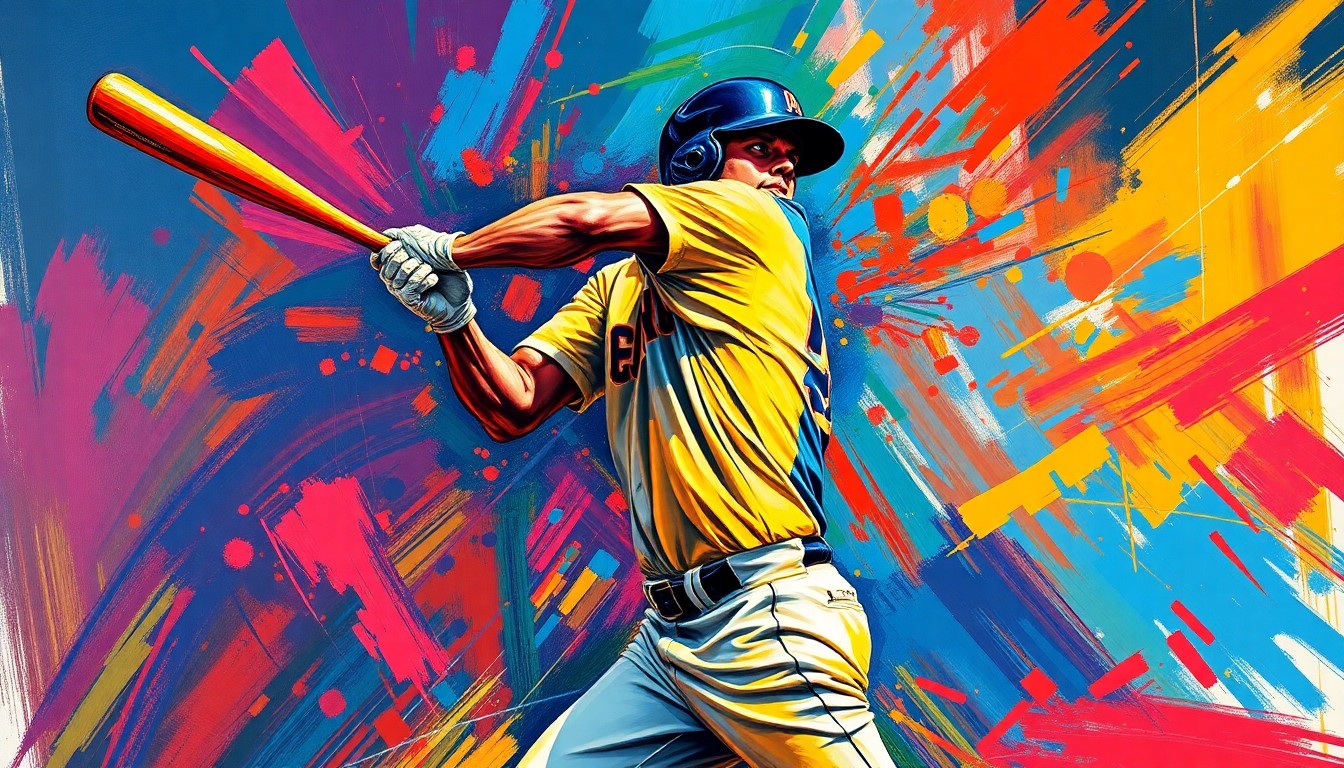 An abstract, expressionist painting featuring vibrant brushstrokes of neon colors that convey the powerful, athletic motion of a baseball player swinging a bat.