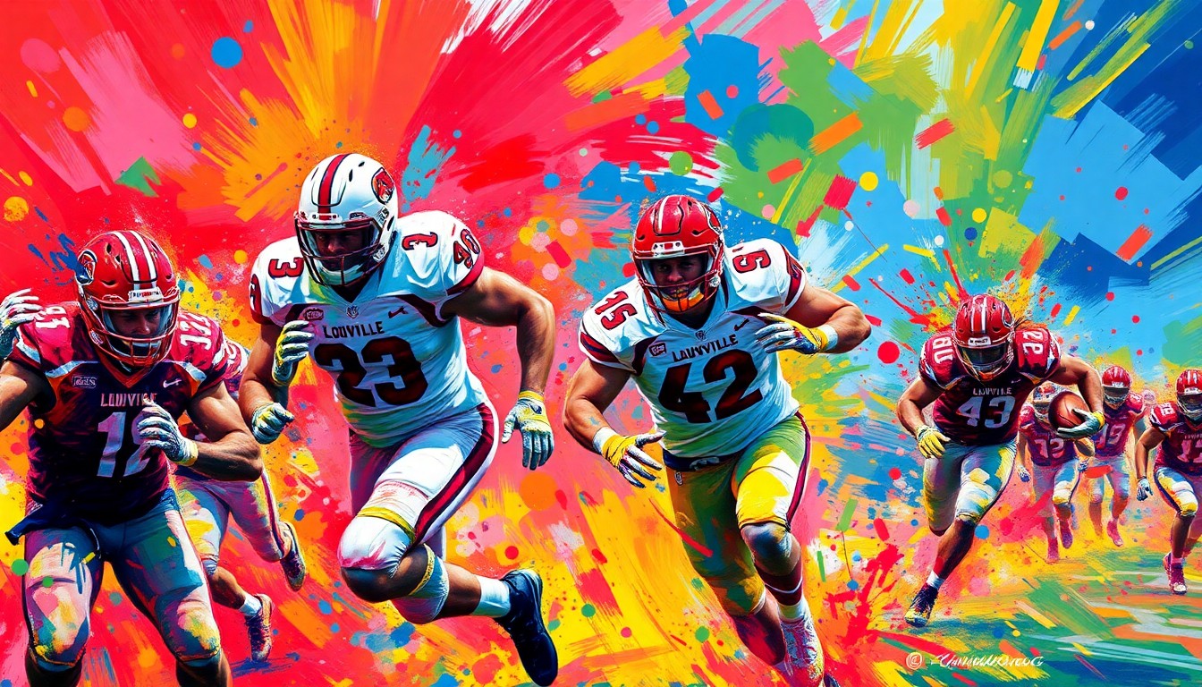 An abstract, expressionist painting featuring vibrant brushstrokes of neon colors that capture the dynamic energy and movement of a football game, with players' forms dissolving into unrecognizable shapes.
