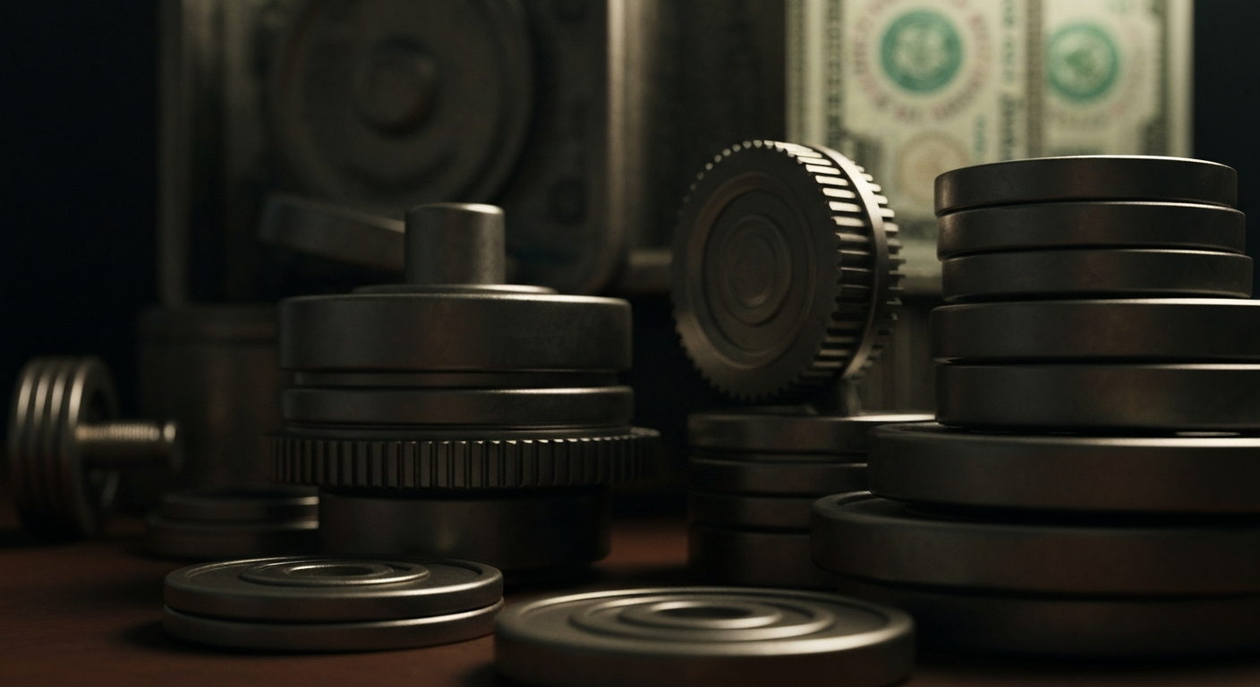 A highly detailed, black-and-white close-up image of the inner workings of a pest control company's financial infrastructure, conveying a sense of industrial power and institutional stability without using any literal financial symbols or imagery.