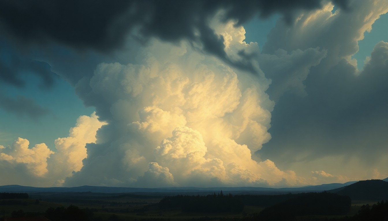 A dramatic landscape painting in muted tones, with a massive, billowing thundercloud formation filling the sky and casting an ominous shadow over the small structures and trees below, conveying the overwhelming power of an approaching severe storm.
