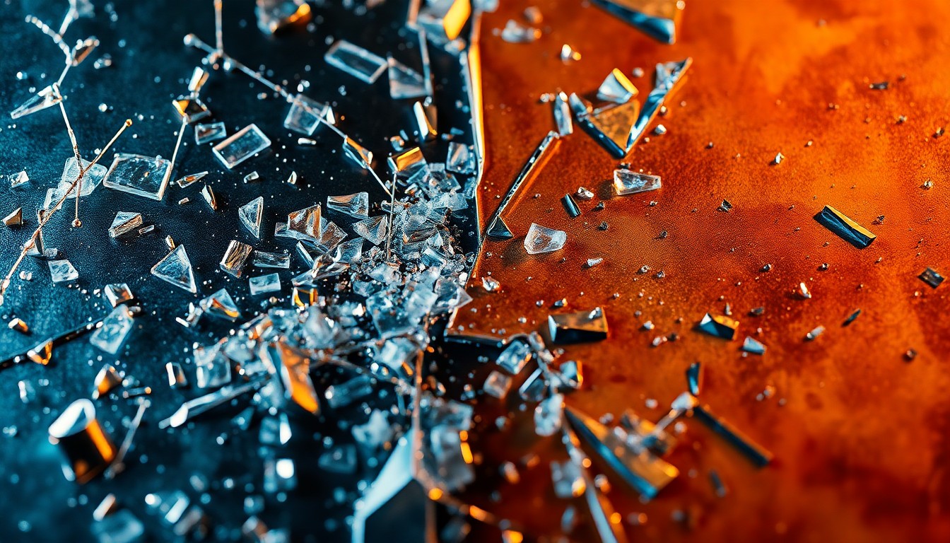 An abstract close-up image of shattered glass and reflective metal surfaces, captured in dramatic high-contrast studio lighting to convey the emotional and physical aftermath of the 'Rust' shooting incident.