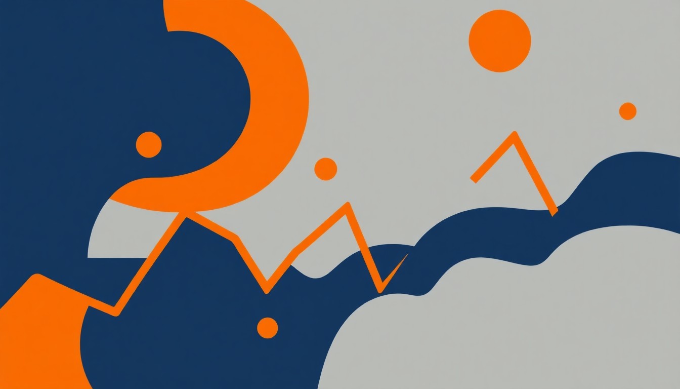 An abstract geometric illustration composed of overlapping triangles, rectangles, and circles in shades of blue, orange, and grey, conceptually representing the volatility of oil prices and stock market performance amidst geopolitical tensions.