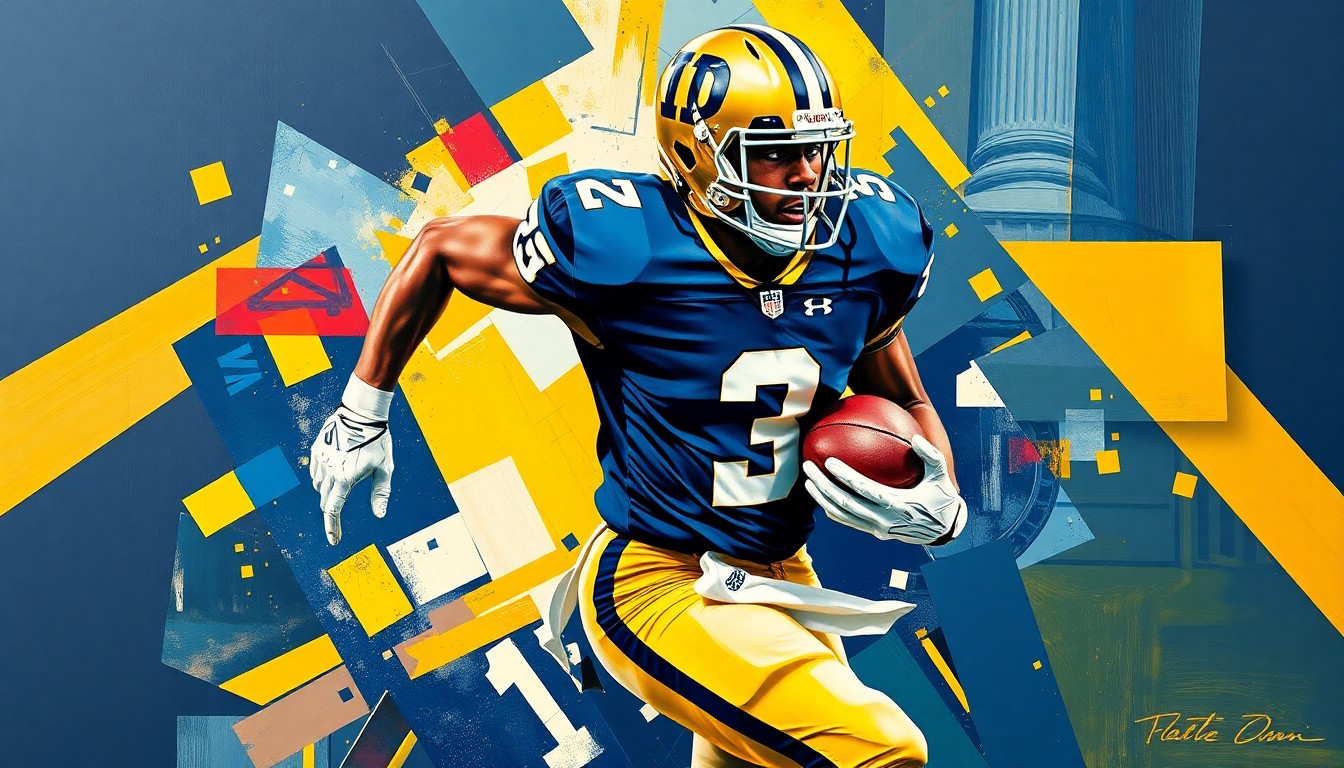 A cubist-style painting depicting a football player in motion, with sharp, overlapping geometric shapes in the colors of the Notre Dame Fighting Irish uniform, capturing the dynamic energy of the sport.