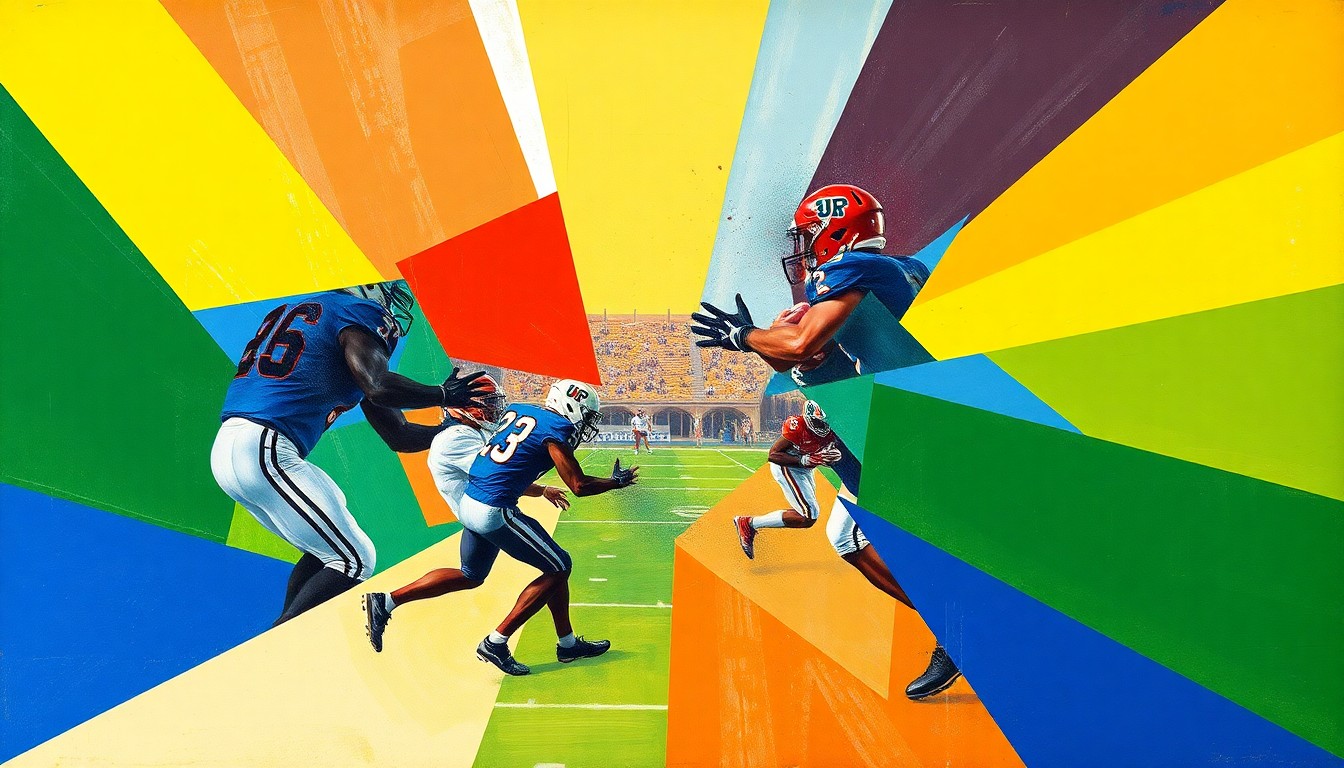 A cubist, geometric painting depicting a football game in motion, with players and the field broken down into sharp, overlapping planes of color.