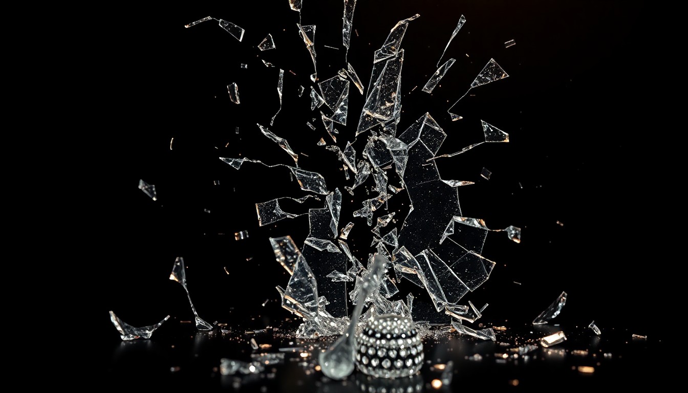 An extreme close-up of shattered glass reflecting dramatic studio lighting, creating a conceptual representation of the unresolved conflicts within the Migos hip-hop group.