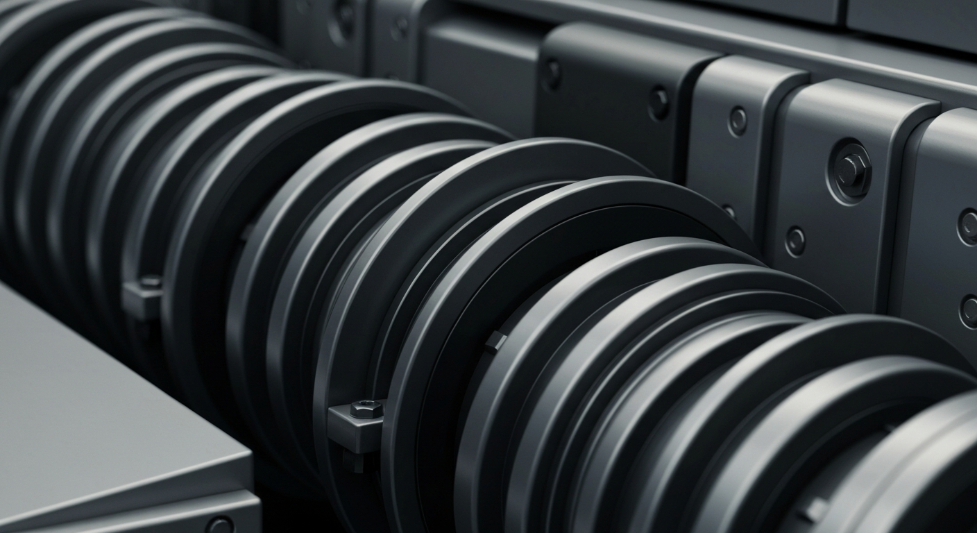 An extreme close-up of gears, levers, and other industrial components that make up the inner workings of a bank's financial infrastructure, conveying a sense of the complex mechanics underlying the world of finance.
