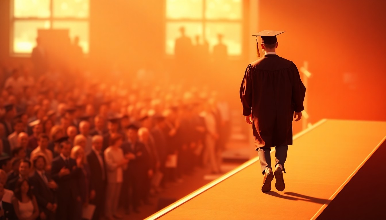 An extremely abstracted, out-of-focus photograph in soft pools of warm color and light, depicting a young man in a graduation gown walking across a stage, surrounded by a blurred crowd, conceptually representing the inspiring story of a student with autism achieving academic success.