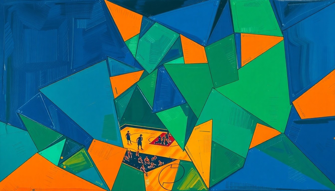 A cubist-style painting featuring overlapping geometric shapes and planes in navy, green, and orange, conceptually representing the dynamic action and energy of a WNBA basketball game.