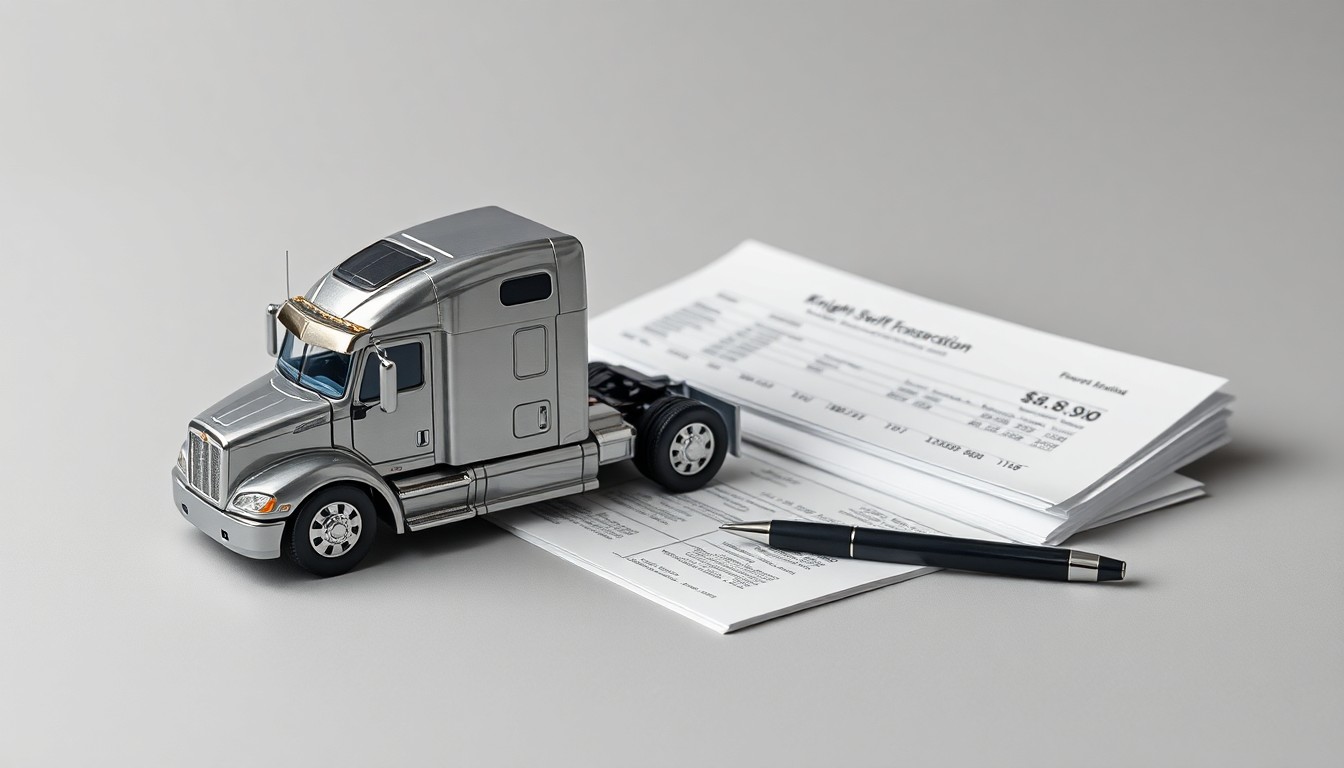 A minimalist, photorealistic studio still-life image featuring a polished metal truck model, a stack of financial documents, and a pen on a clean, monochromatic grey background, symbolizing the transportation and logistics industry as well as the financial performance of Knight-Swift Transportation.