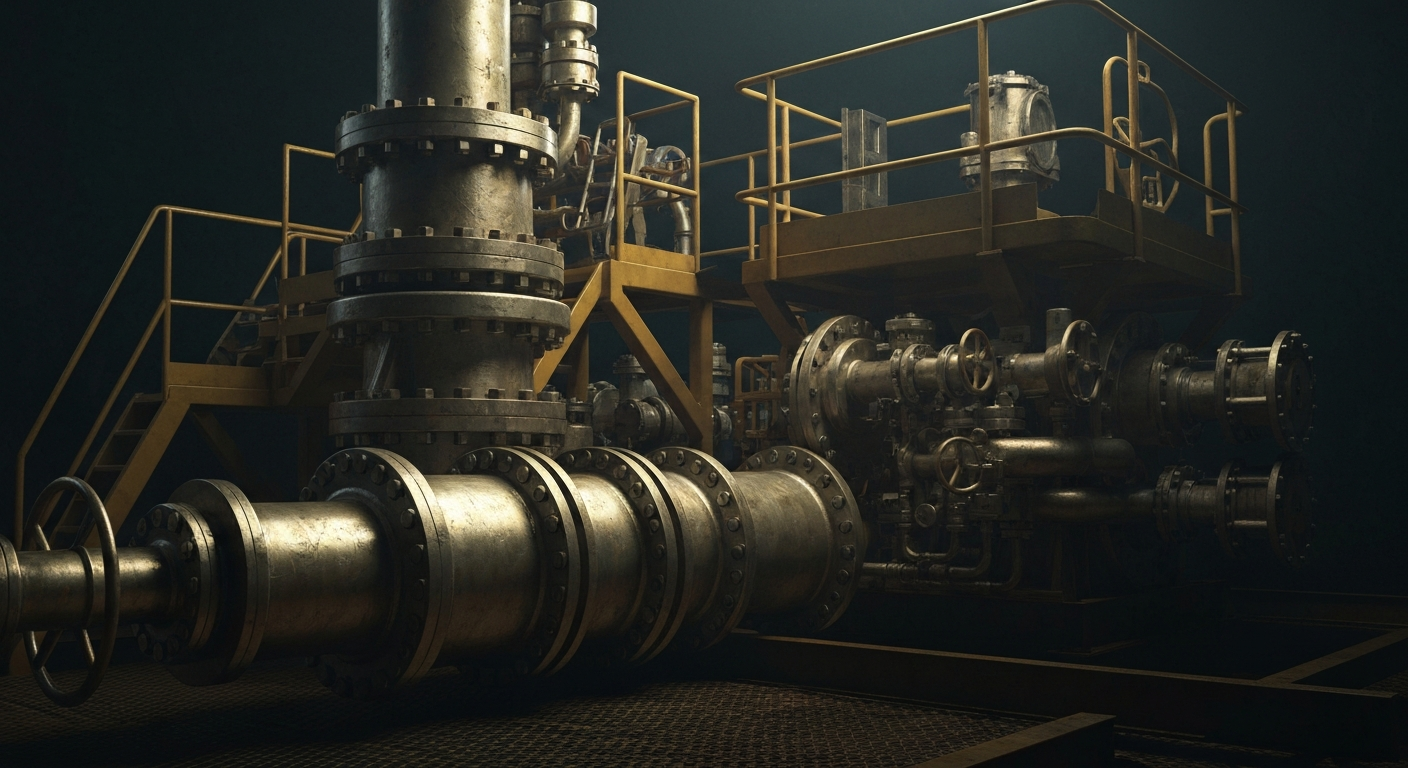 An extreme close-up of rugged, industrial offshore oil and gas equipment, conveying the tangible, physical nature of Helix Energy Solutions' business operations.