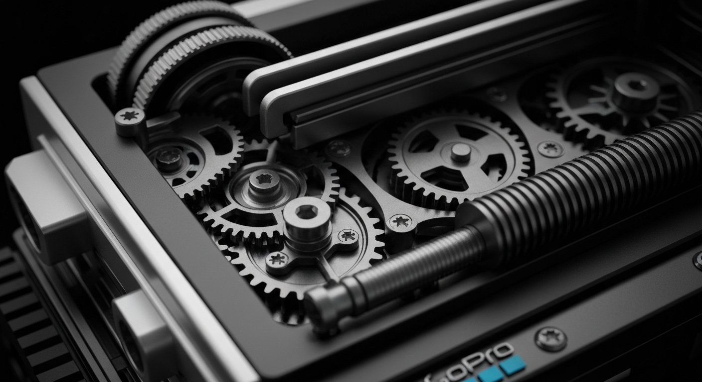 A highly detailed, black-and-white close-up image of the inner workings of a high-tech camera, representing the complex financial infrastructure and institutional investment in GoPro's technology.