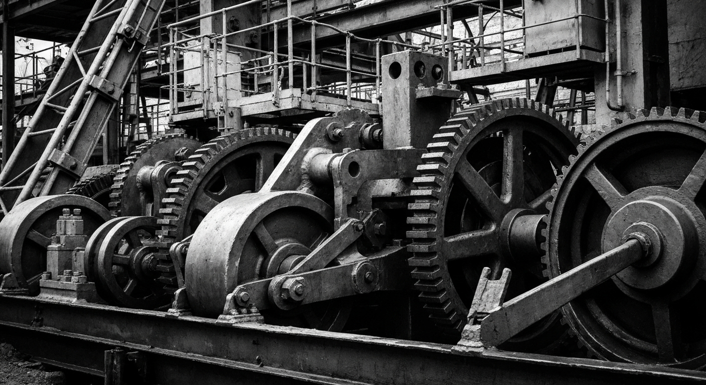A high-contrast, close-up image of the gears, levers, and heavy equipment used in a gold mining operation, conveying the industrial might and financial security of the mining industry.