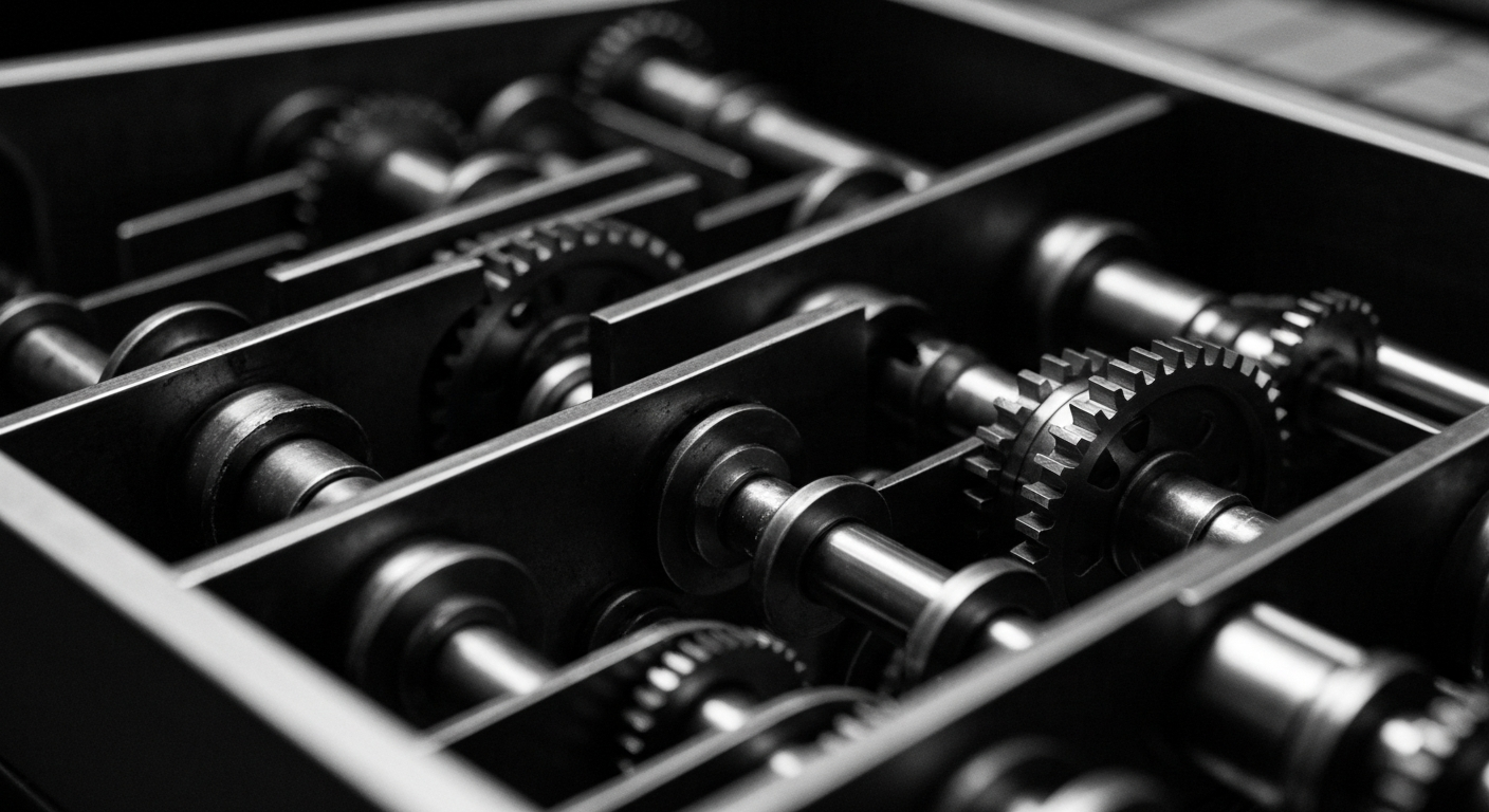 A high-contrast, close-up image of the internal components and gears of a stock trading terminal, representing the heavy, industrial nature of financial infrastructure.