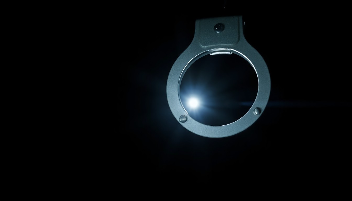 An extreme close-up of a police handcuff reflecting a bright flash of light, conceptually representing the pursuit of justice and accountability in the death of Frank Tyson.