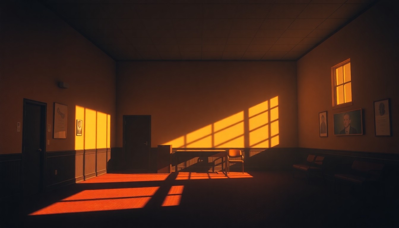 A softly lit, cinematic painting of an empty political campaign office, with warm sunlight streaming through the windows and deep shadows casting a contemplative mood over the scene.