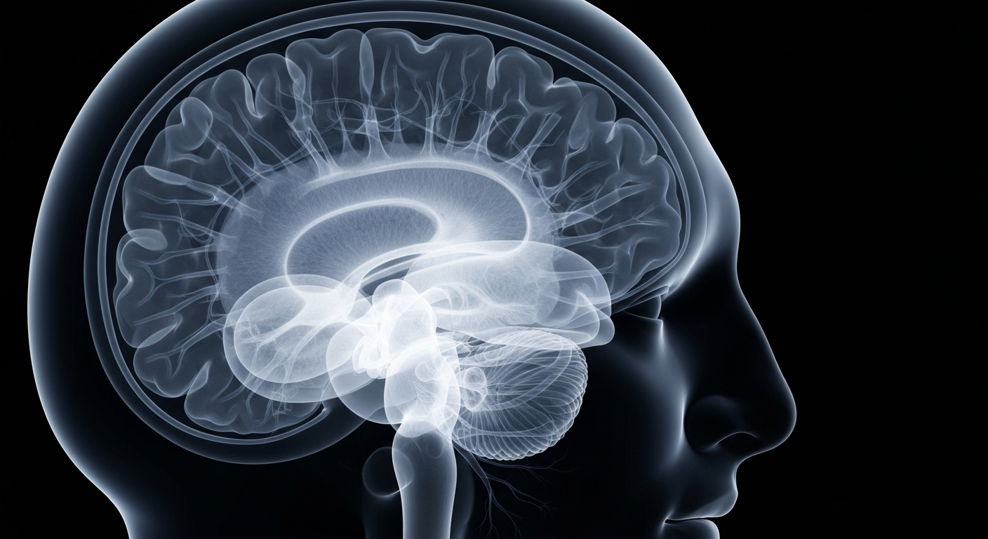 An extreme close-up X-ray image revealing the intricate structures of the human brain and nervous system, glowing against a dark background to conceptually represent the center's focus on mental health and addiction treatment.