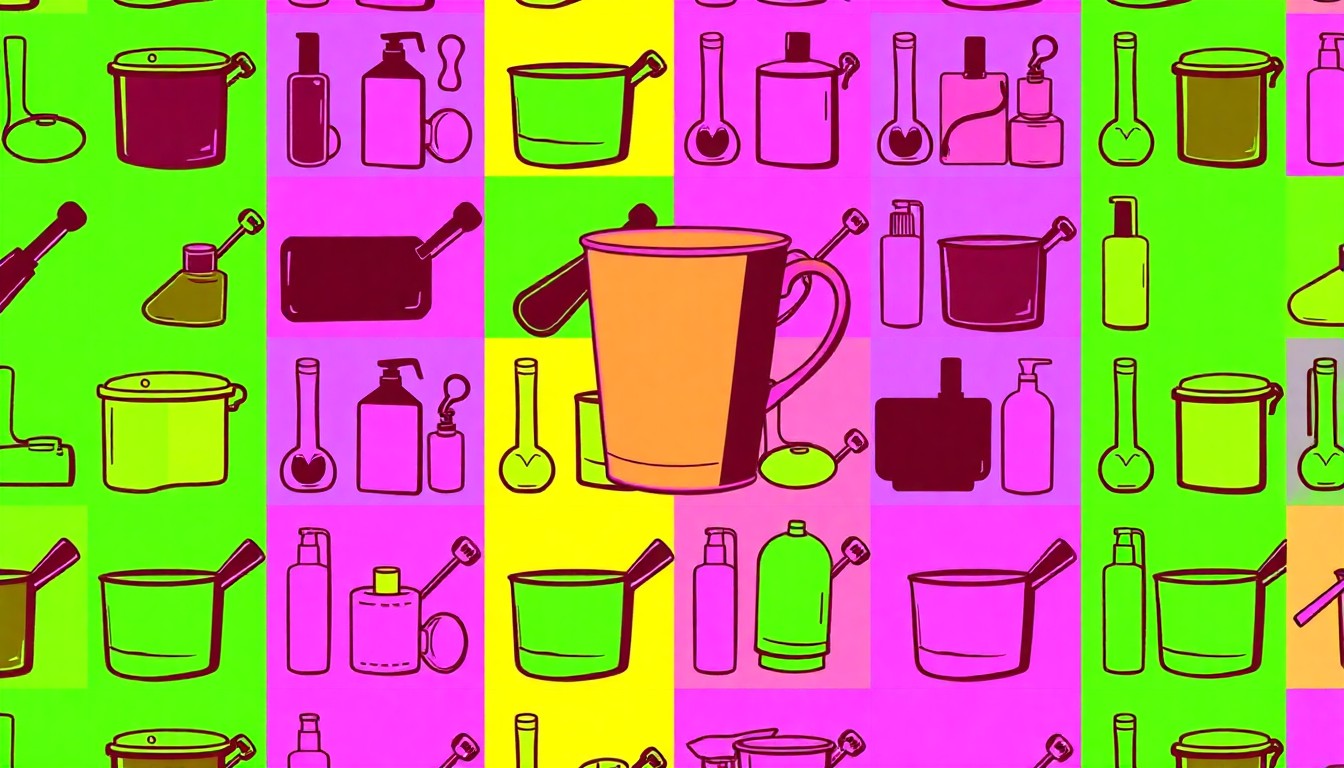 A high-contrast silkscreen print in neon colors depicting a repeated pattern of a stylized coffee cup, conceptually representing the diverse local businesses and lifestyle of Zephyrhills.