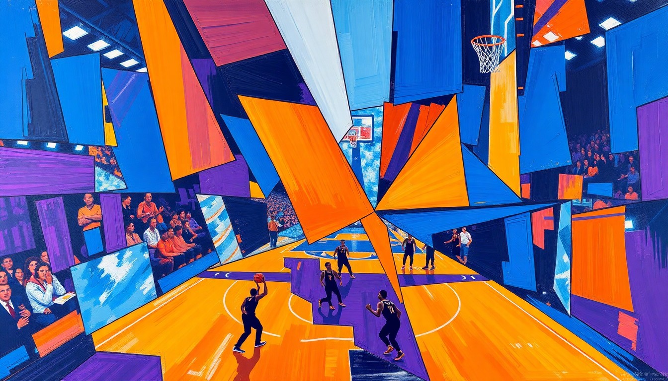 A cubist, geometric painting depicting a basketball game or match, with sharp, overlapping planes of vibrant colors like royal blue, fiery orange, and deep purple, conceptually representing the fragmented nature of the Kings' season.