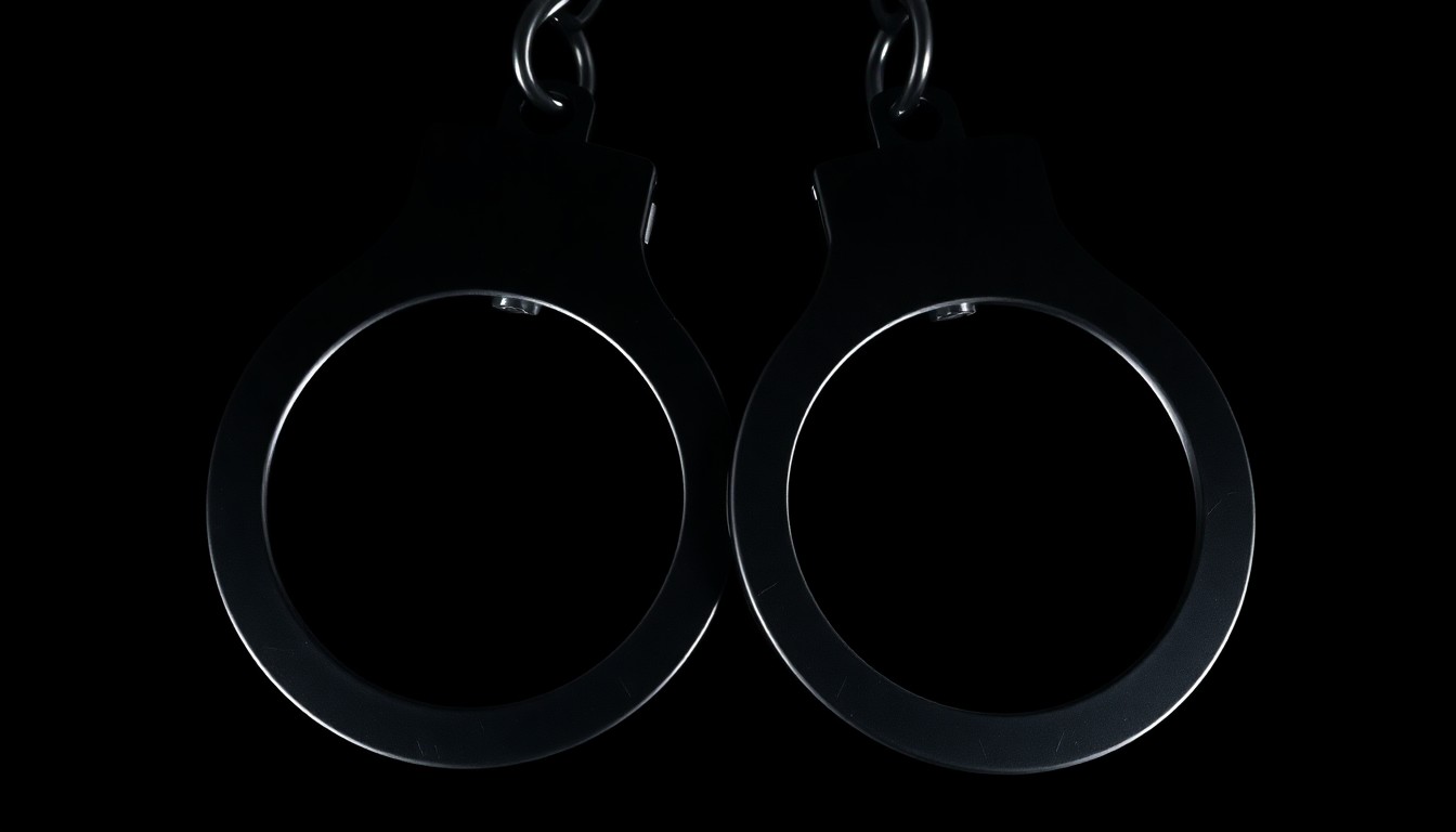 An extreme close-up of a pair of handcuffs against a pitch-black background, the metal reflecting a harsh, direct flash of light, conceptually illustrating the gritty, investigative nature of a high-profile sexual assault trial.