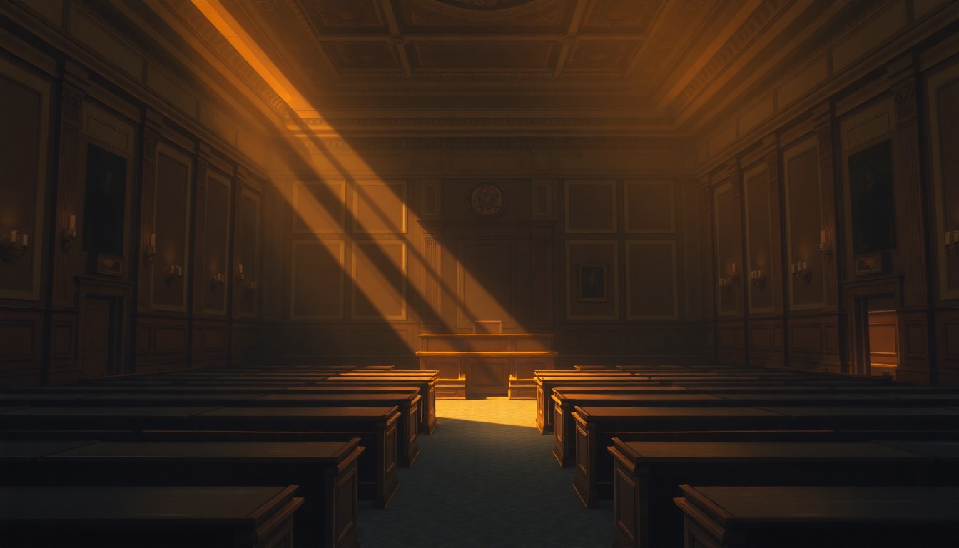 A cinematic painting of an empty city council chamber, with warm sunlight streaming through the windows and deep shadows casting a contemplative mood, conceptually representing the city's work to expand remote access and outreach for local government meetings.