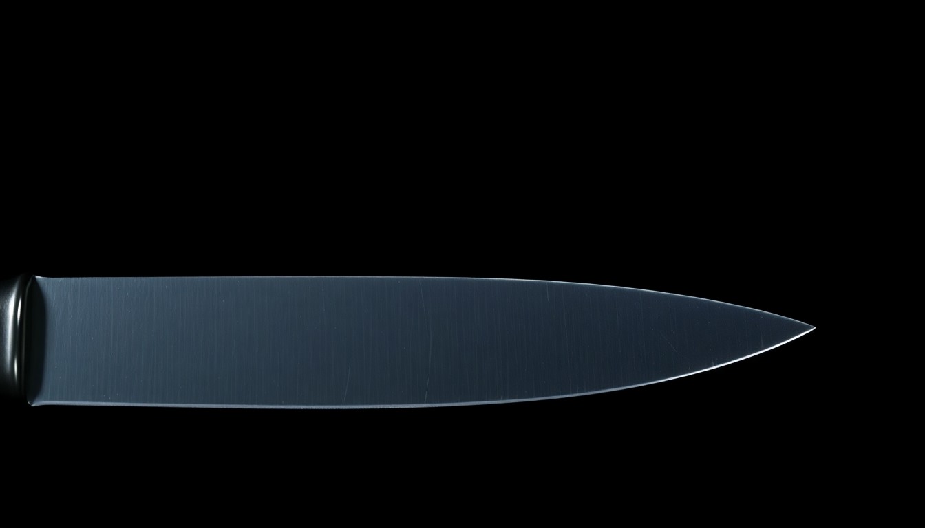 An extreme close-up of a knife blade against a pitch-black background, lit by a harsh, direct camera flash, creating a stark, gritty, investigative aesthetic.