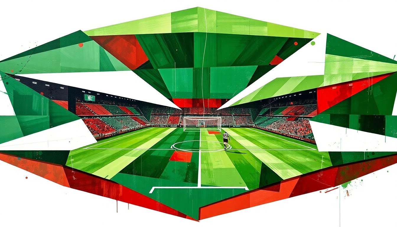 A cubist, geometric painting depicting a soccer match, with overlapping planes of green, white, and red representing the field, players, and ball.