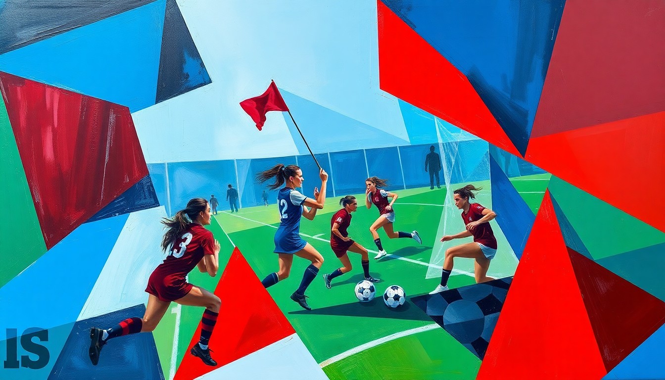 A cubist, geometric painting depicting a women's flag football game, with overlapping planes of color and movement capturing the energy and competition of the sport.