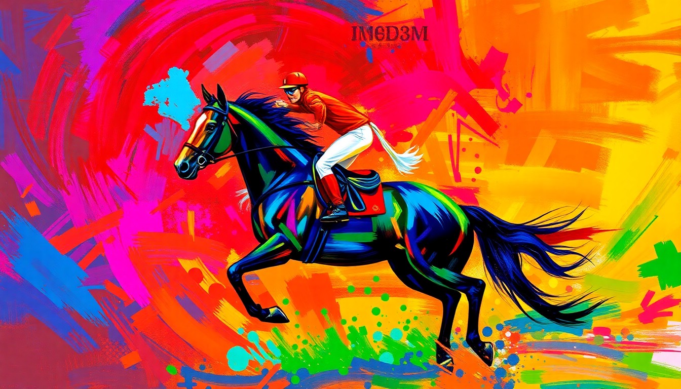 A vibrant, expressionist painting in neon colors depicting the powerful, fluid movements of a horse and rider in motion, their forms dissolving into abstract brushstrokes that capture the essence of equestrian sport.
