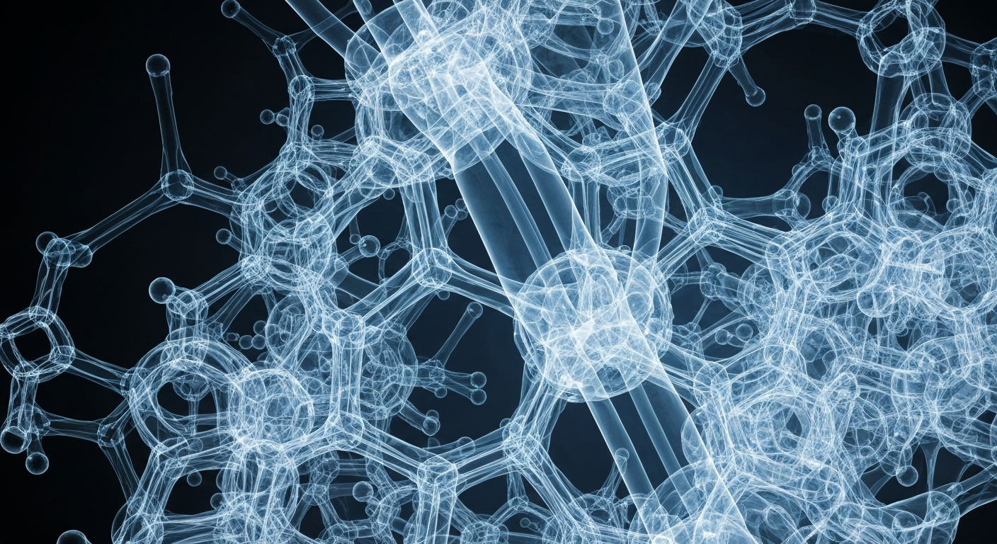 An extreme close-up of a translucent, ghostly molecular structure with glowing lines and shapes, conceptually representing the internal mechanisms of a sophisticated cancer drug delivery system.