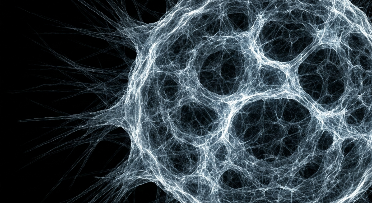 An abstract, ghostly X-ray-style image revealing the complex internal structure of a cancer cell, conceptually representing the potential of new molecular-targeted cancer treatments.